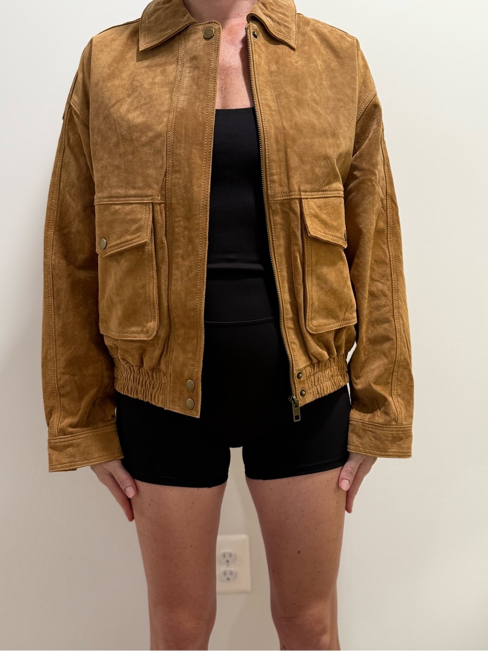 Women's Suede Bomber Jacket in Tan
